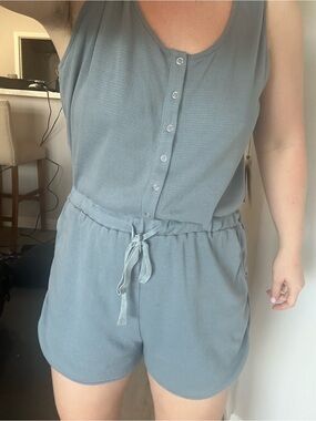 Casual Sleeveless Button Romper in Dusty Blue